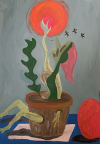 a painting of a plant in a pot with a red ball in the middle