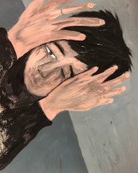 a painting of a man with his hands on his face