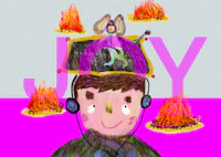an illustration of a boy with headphones and a fire on his head