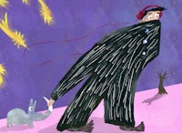 an illustration of a man in a black suit walking with a rabbit