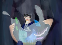 a cartoon of a man holding something in his hands