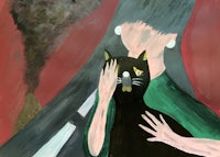 a painting of a woman holding a black cat