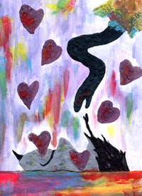 a painting of a wolf with hearts falling from it